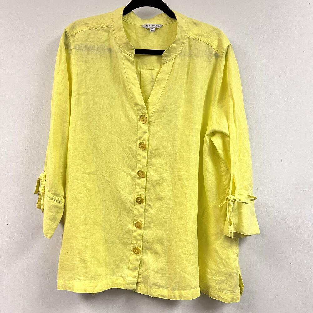 Women's John Mark 100% Linen 1X soft yellow button front relaxed fit blouse